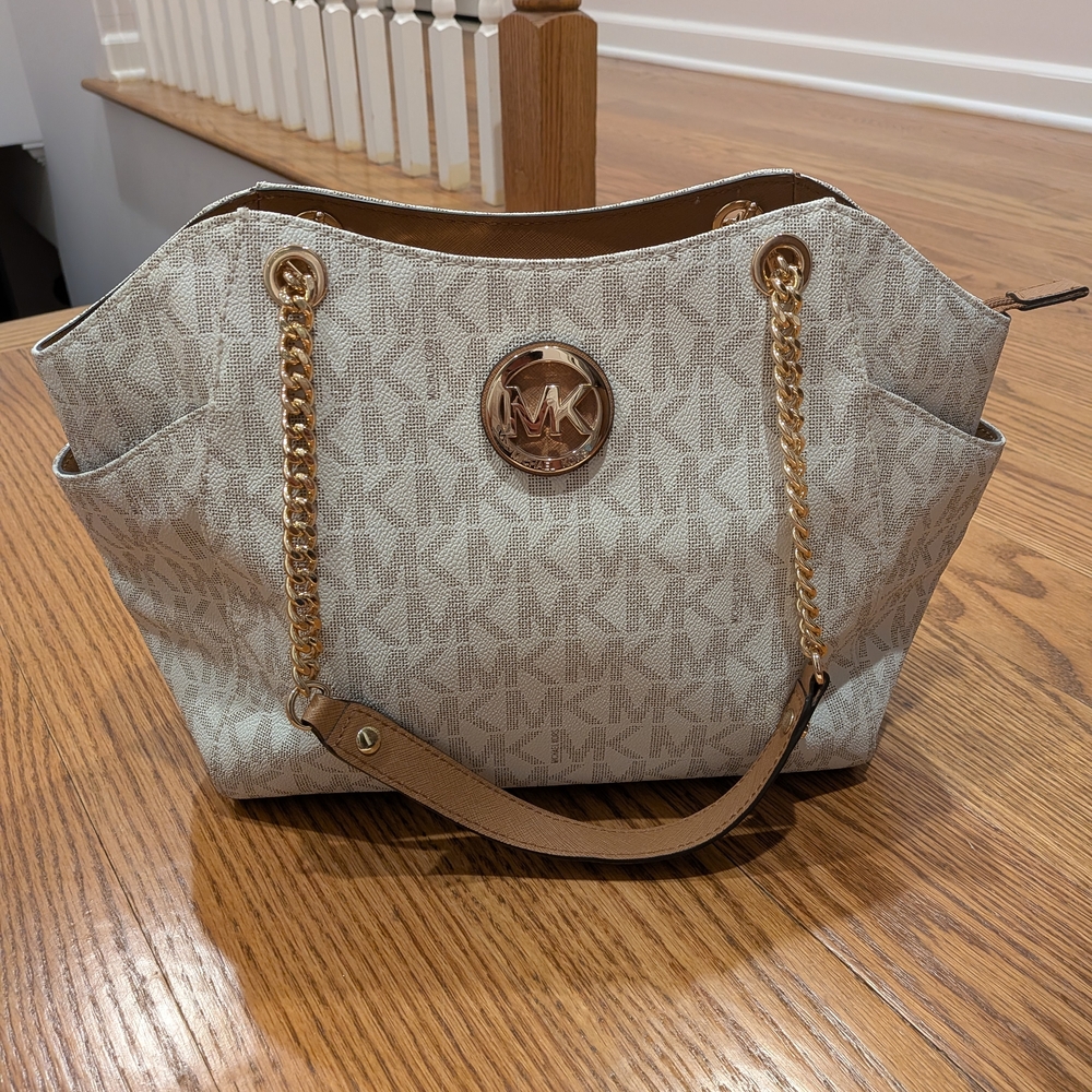 Michael Kors Monogram Beige Shoulder Bag with Gold Chain
